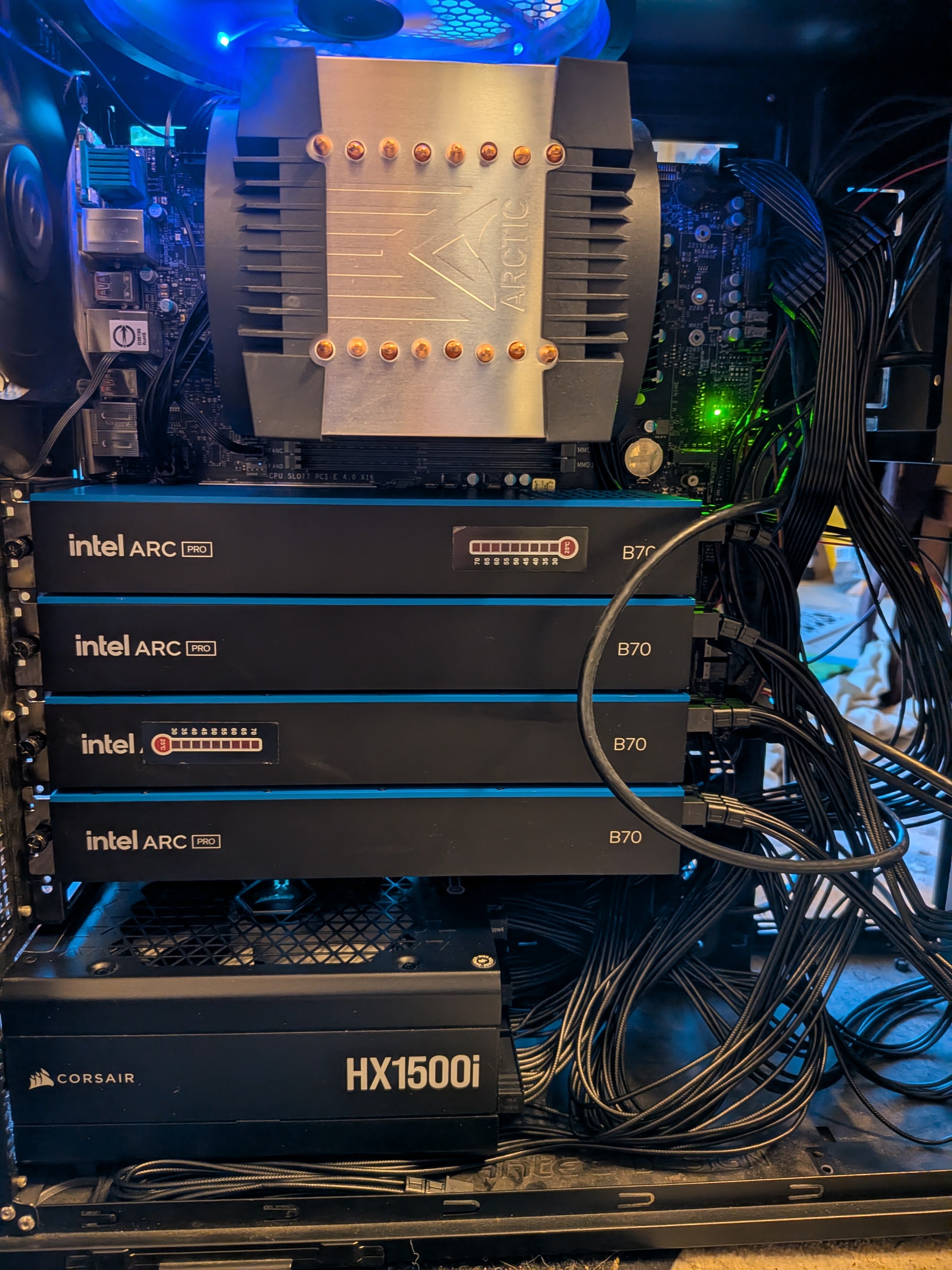 B70 build photo showing card placement and workstation layout