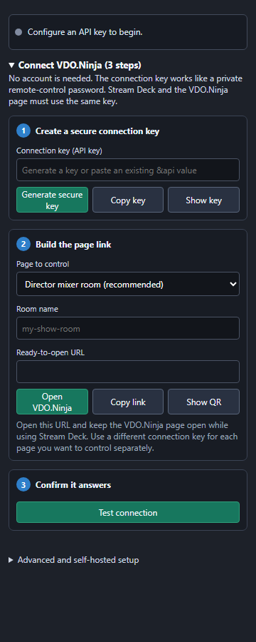 First-run VDO.Ninja connection setup in the Stream Deck property inspector