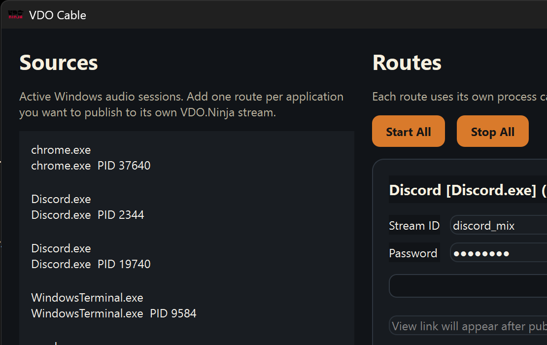 VDO Cable app showing multiple application routes with Stream ID, Room, Password, status, and publish controls
