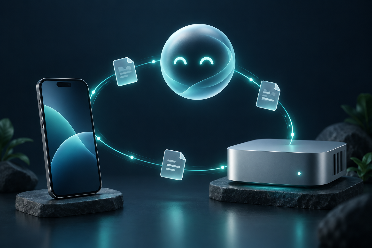 Illustration of a phone, an agent and a small computer exchanging documents